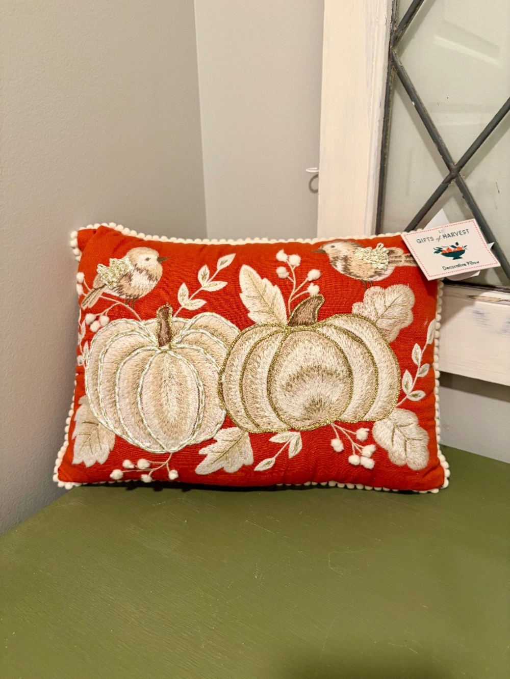 Gifts of Harvest Orange Pumpkin Bird Autumn Throw Pillow NWT 10x14"